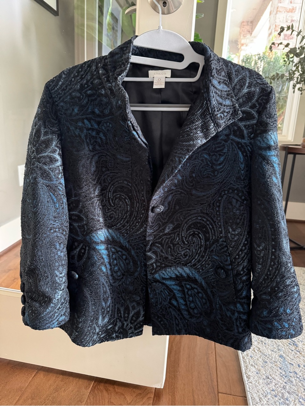 Chico's Black and Blue Paisley-Textured Blazer